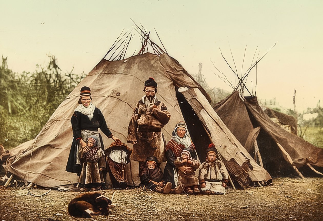 النرويج. Rag (بذرة) - عائلة أمام خيمة. حوالي عام 1900. فوتوكروم. تصوير فوتوغلوب - زيوريخ بواسطة غير معروف