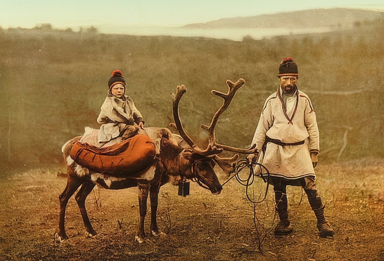 النرويج. خرقة مع الرنة. حوالي عام 1900. فوتوكروم. تصوير فوتوغلوب - زيوريخ بواسطة غير معروف
