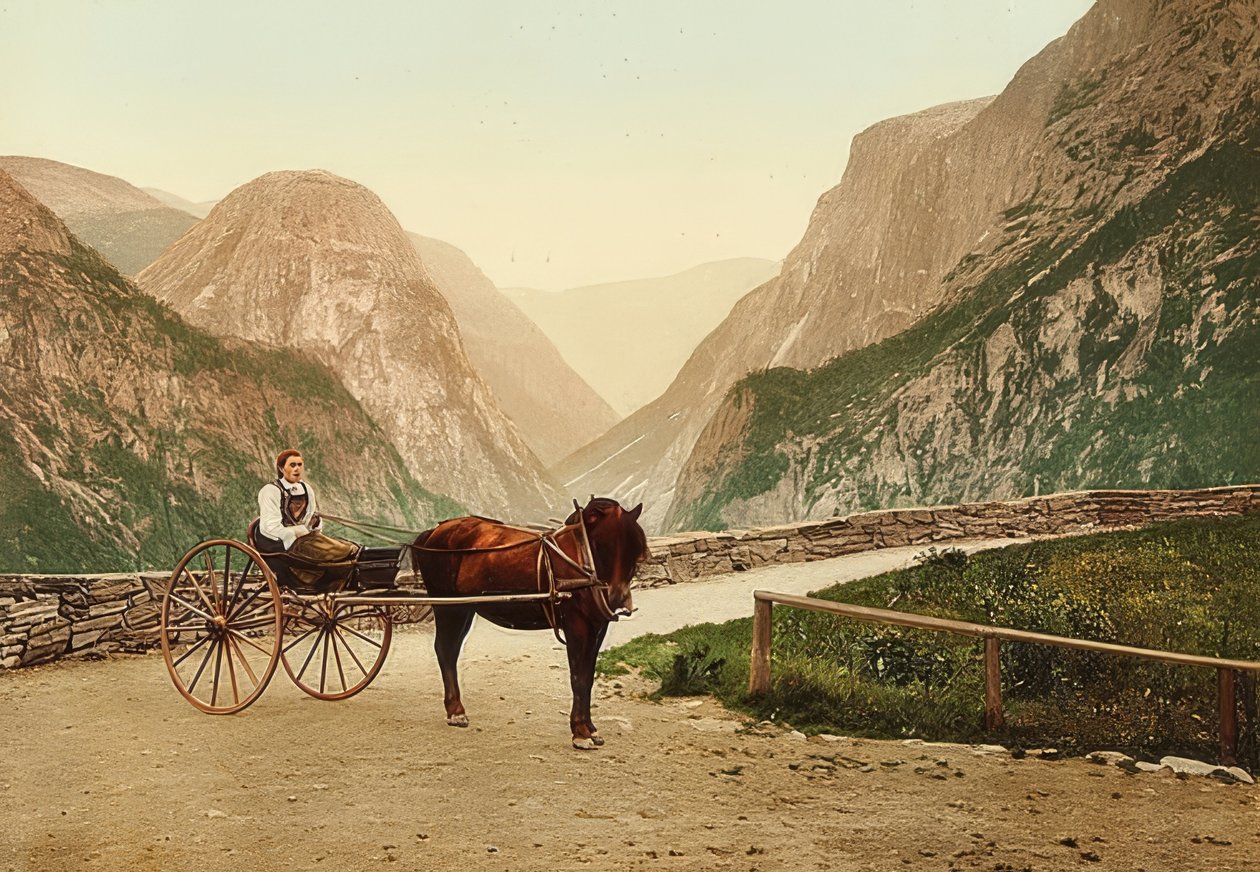 الفتاة الفلاحية النرويجية على عربة حصان. حوالي عام 1900. فوتوكروم. تصوير فوتوغلوب - زيوريخ بواسطة غير معروف