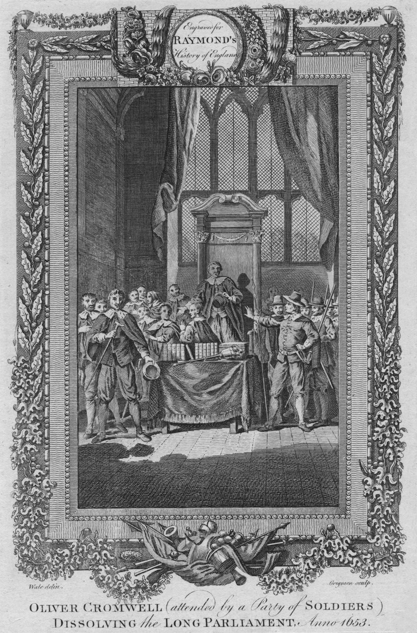 حضر أوليفر كرومويل مدينة جنود حل البرلمان الطويل. Anno 1653، c1787 بواسطة غير معروف