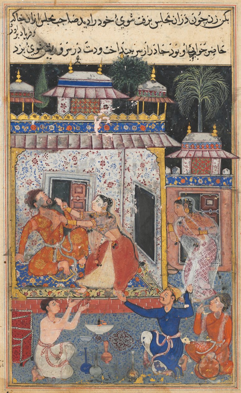 صفحة من حكايات ببغاء توتي ناما: الليلة الثامنة: اعتداء الزوجة الخادعة ، ج. 1560. بواسطة غير معروف
