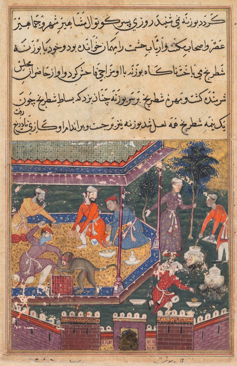 صفحة من حكايات ببغاء توتي ناما: الليلة الخامسة: القرد المصاب يعض اليد.، c1560. بواسطة غير معروف