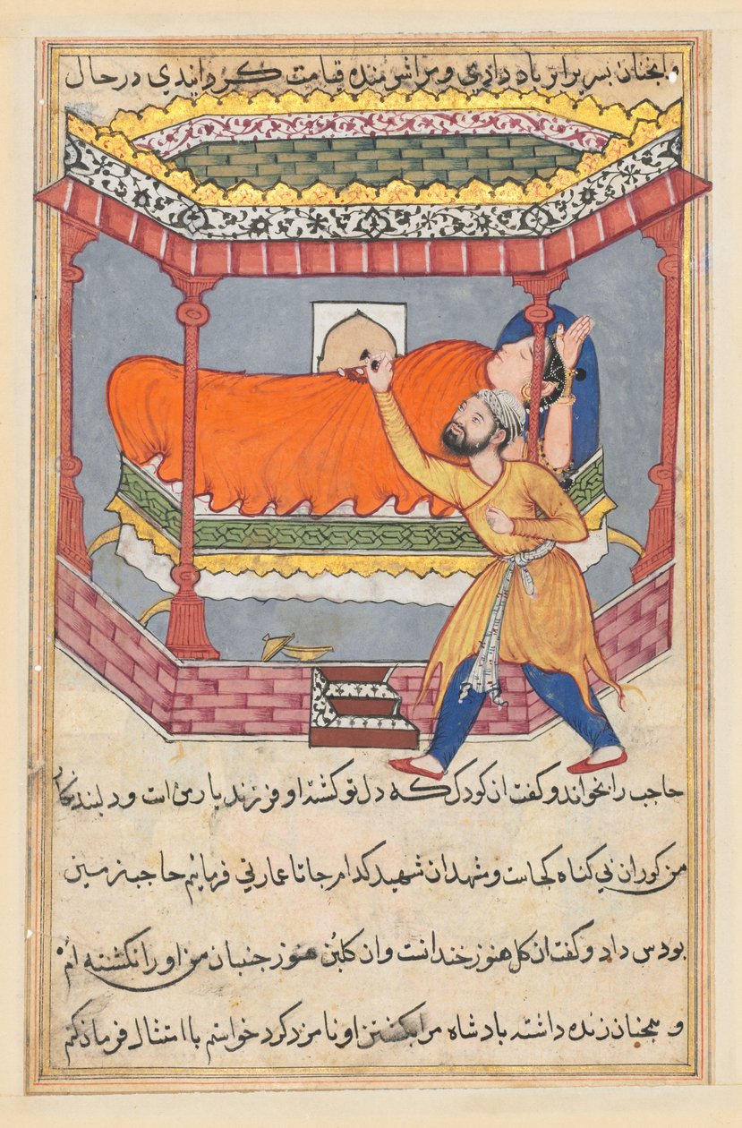 صفحة من حكايات ببغاء توتي ناما: الليلة الخمسون: الملك يضع تعويذة ... ، ج. 1560. بواسطة غير معروف