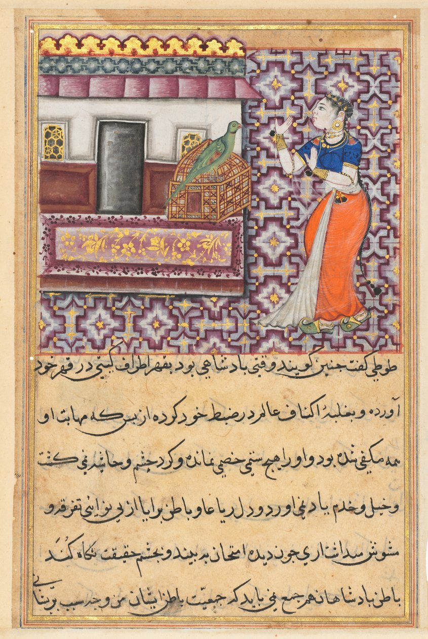 صفحة من حكايات ببغاء توتي ناما: الليلة الخمسون: الببغاء يخاطب خوجاستا ... ، ج. 1560. بواسطة غير معروف
