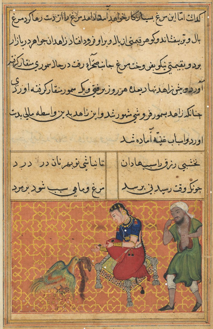 صفحة من حكايات الببغاء توتي ناما: الليلة الثانية والخمسون: طائر سبعة ألوان ، ج. 1560. بواسطة غير معروف