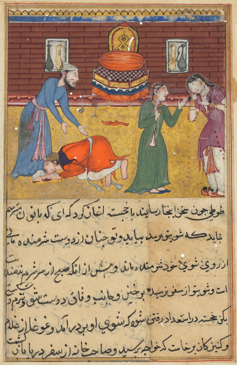 صفحة من حكايات الببغاء توتي ناما: الليلة الثانية والخمسون: ابن رجل تقي ... ، ج. 1560. بواسطة غير معروف
