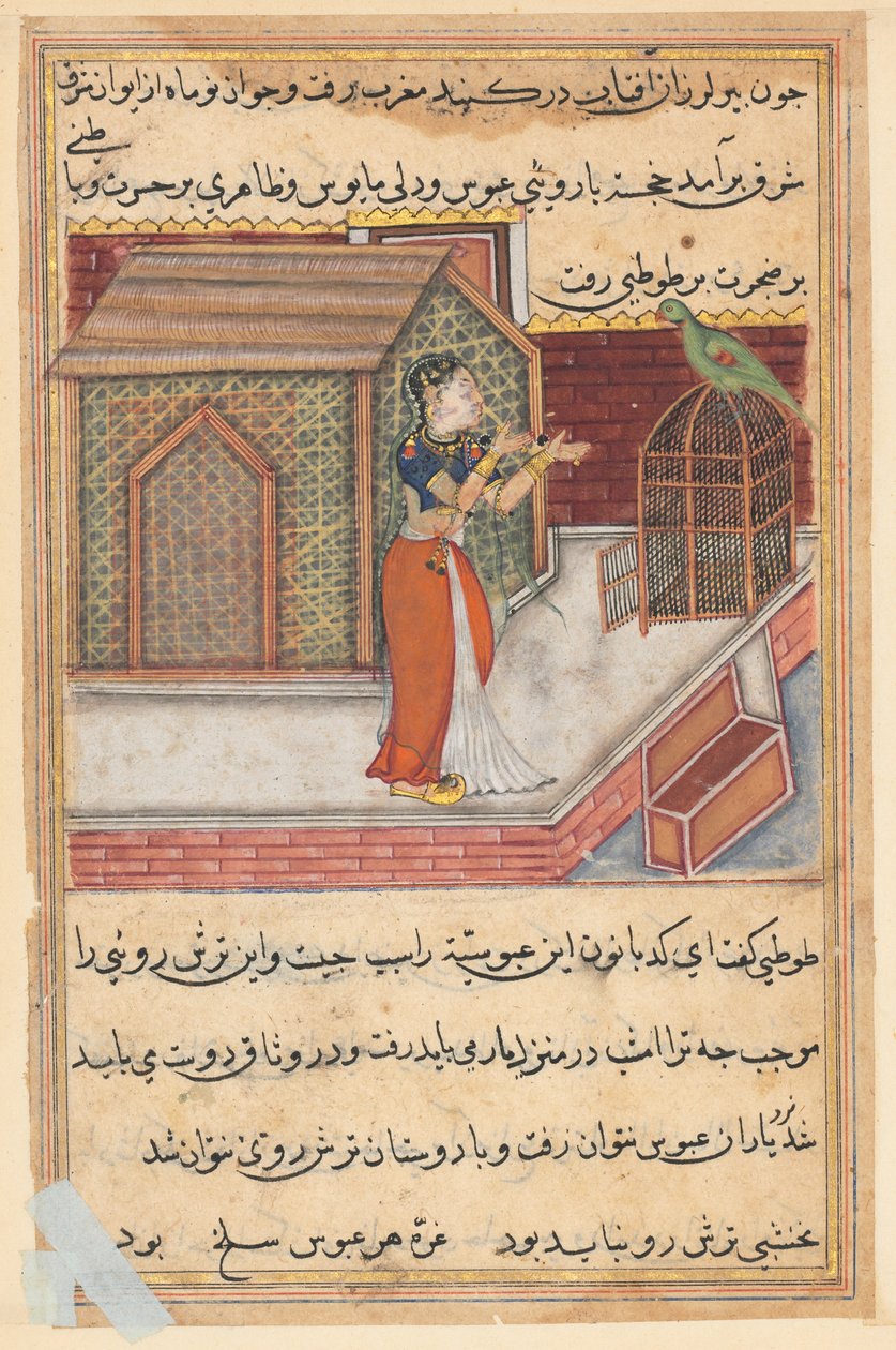صفحة من حكايات الببغاء توتي ناما: الليلة التاسعة والأربعون: الببغاء يخاطب خوجاستا ... ، c1560. بواسطة غير معروف