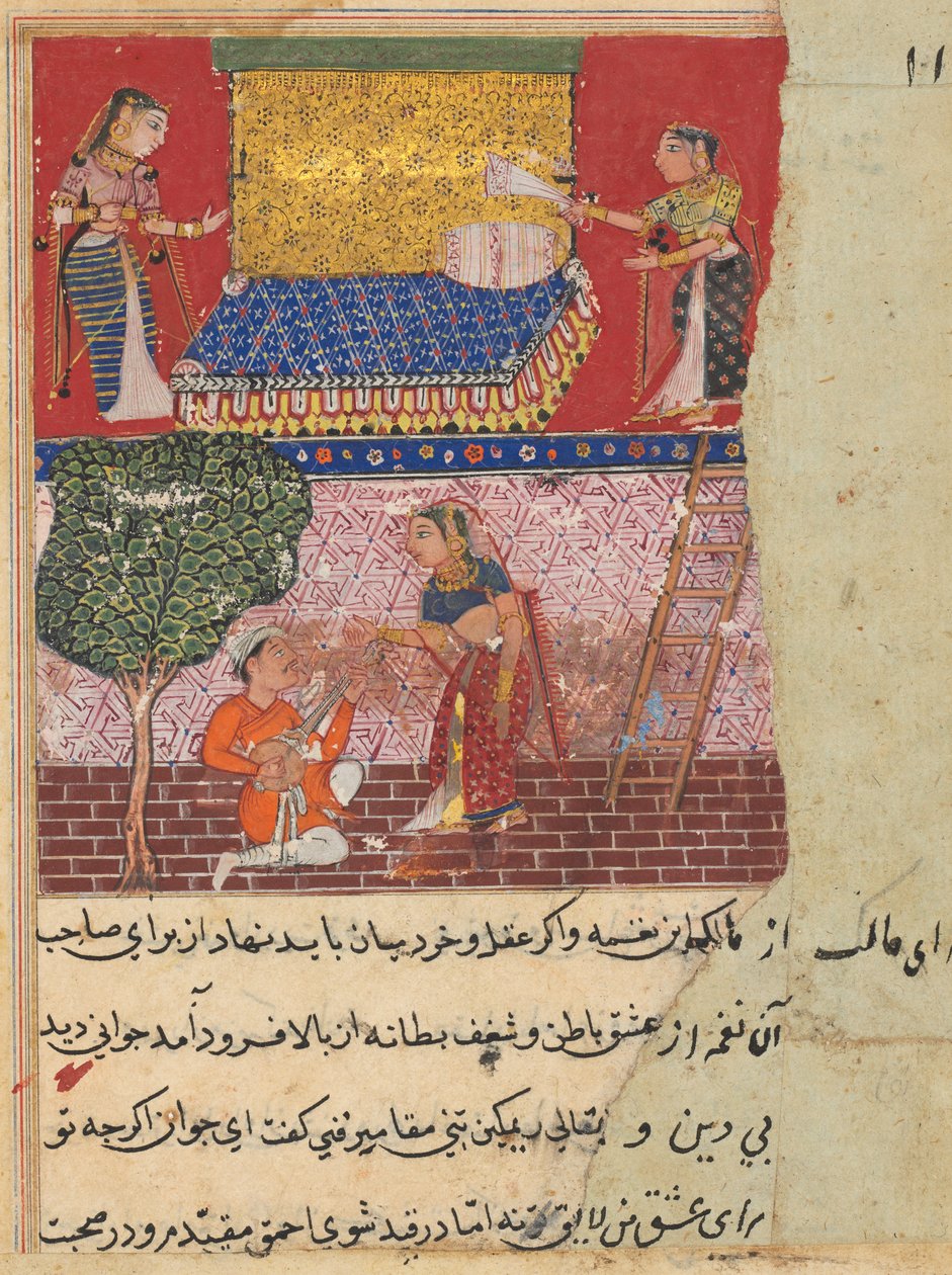صفحة من حكايات ببغاء توتي ناما: الليلة السادسة عشرة: زوجة ابن الملك ، ج. 1560. بواسطة غير معروف