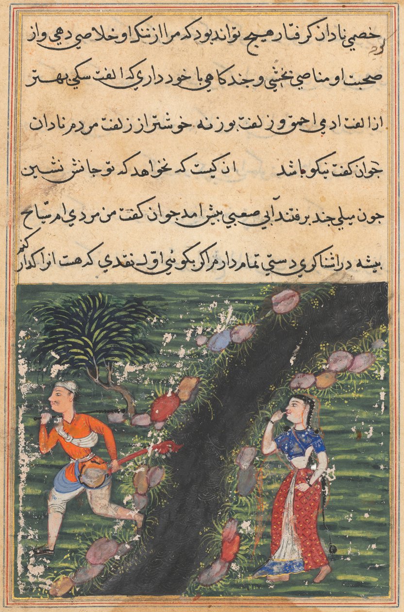 صفحة من حكايات ببغاء توتي ناما: الليلة السادسة عشرة: الصلبان المتقاطعة ... ، ج. 1560. بواسطة غير معروف