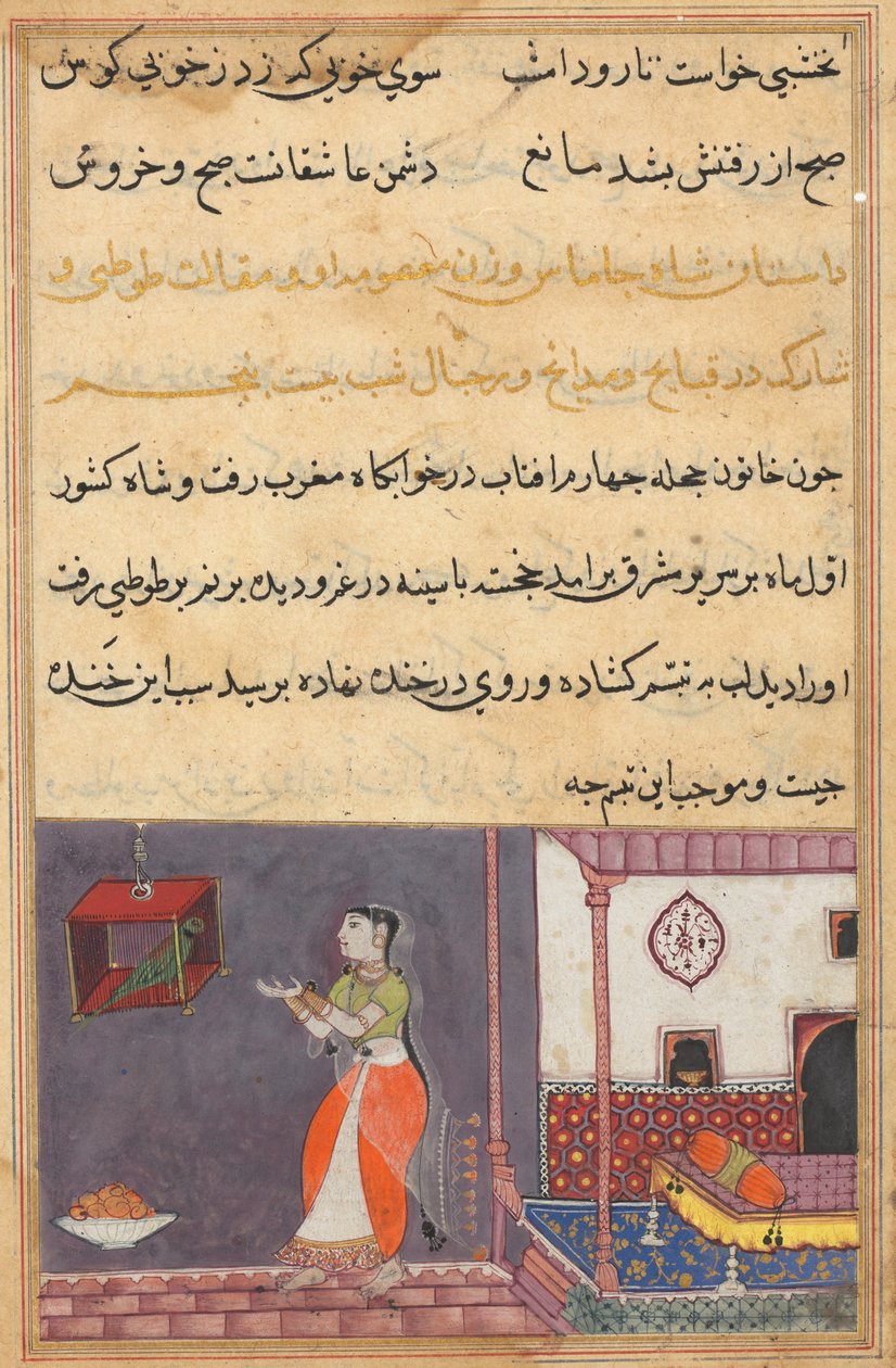 صفحة من حكايات الببغاء توتي ناما: الليلة الخامسة والعشرون: الببغاء يخاطب خوجاستا ... ، c1560 بواسطة غير معروف