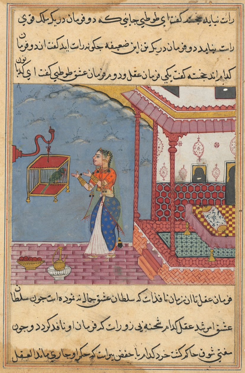 صفحة من حكايات الببغاء توتي ناما: الليلة الرابعة والعشرون: الببغاء ... ، ج. 1560. بواسطة غير معروف