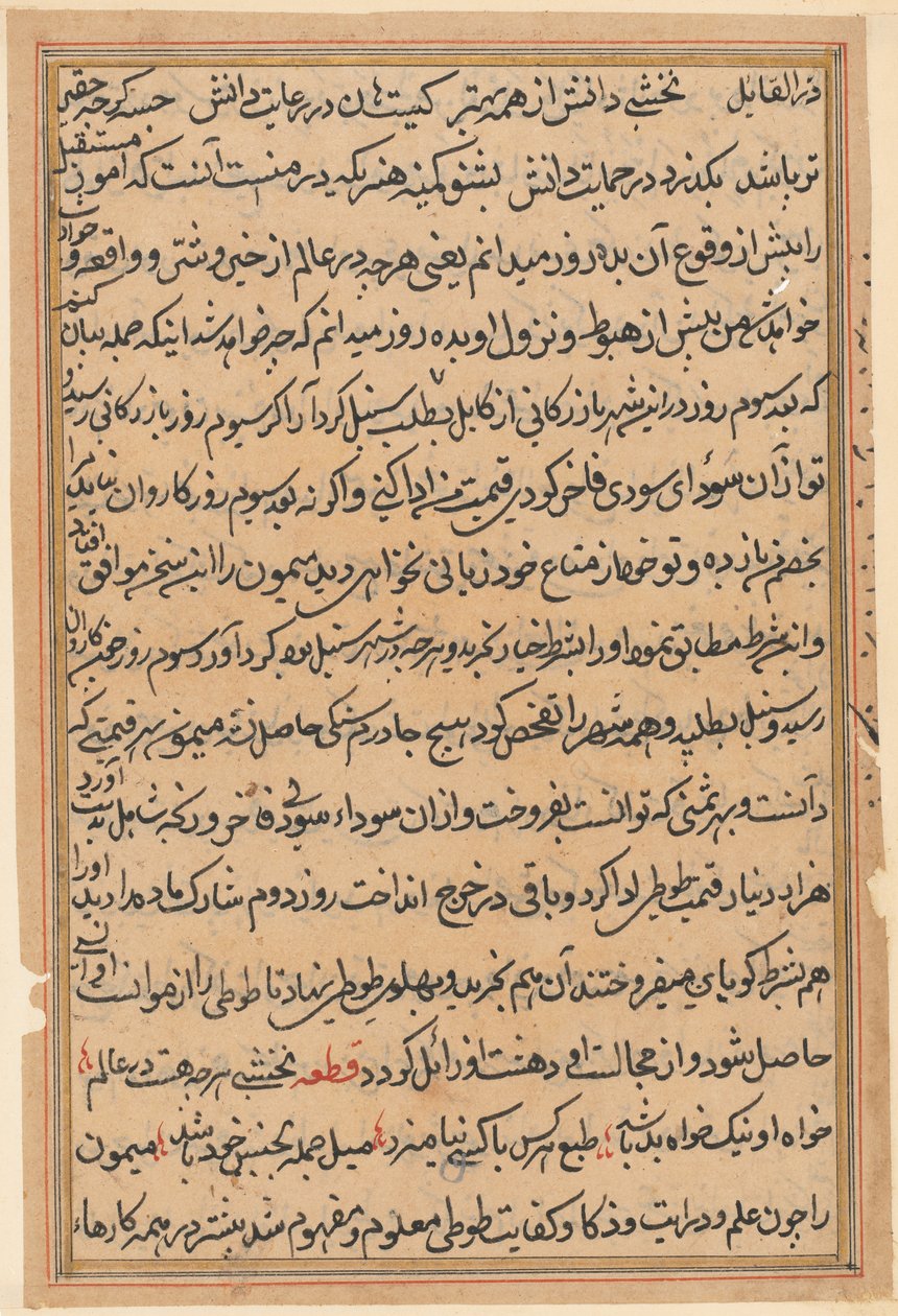 صفحة من حكايات ببغاء توتي ناما: صفحة نصية ، ج. 1560. بواسطة غير معروف