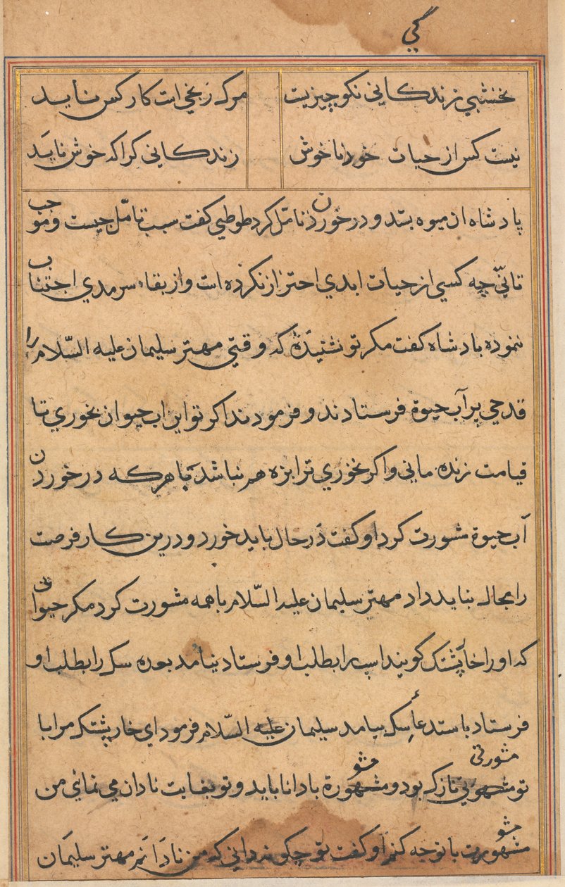 صفحة من حكايات ببغاء توتي ناما: صفحة نصية ، ج. 1560. بواسطة غير معروف