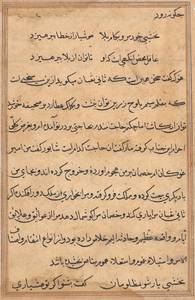 صفحة من حكايات ببغاء توتي ناما: صفحة نصية ، ج. 1560. بواسطة غير معروف