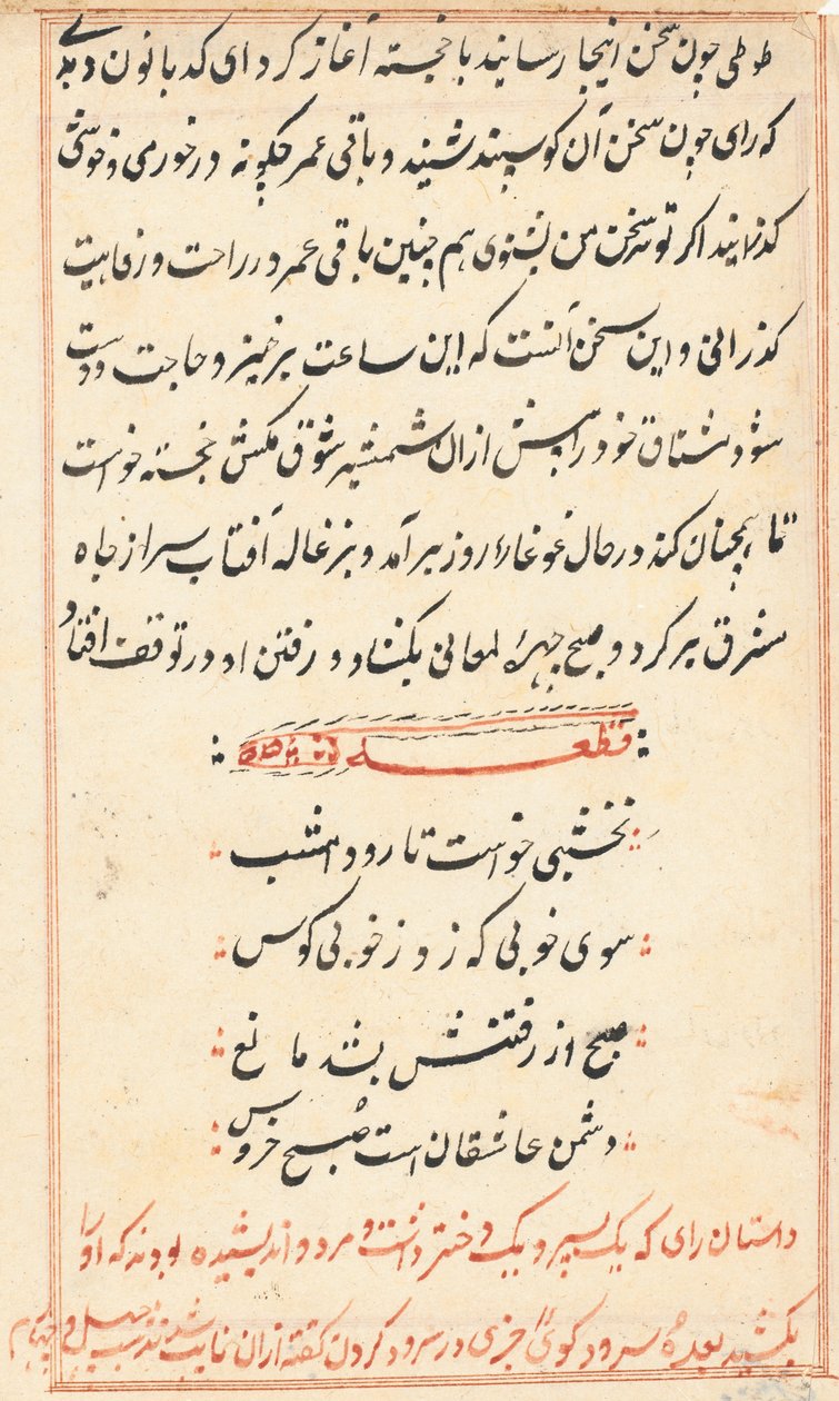 صفحة من حكايات ببغاء توتي ناما: صفحة نصية ، ج. 1560. بواسطة غير معروف