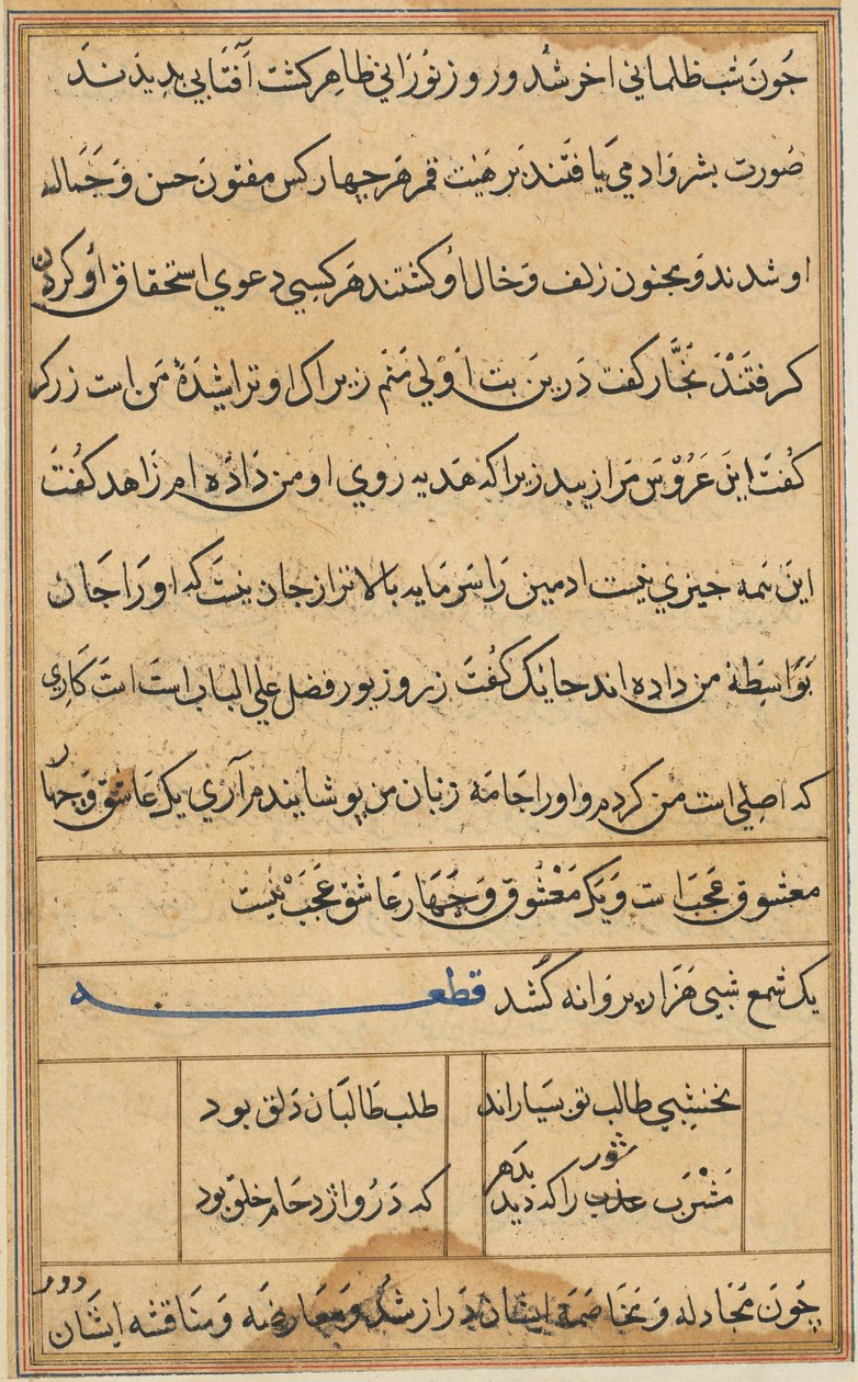 صفحة من حكايات ببغاء توتي ناما: صفحة نصية ، ج. 1560. بواسطة غير معروف