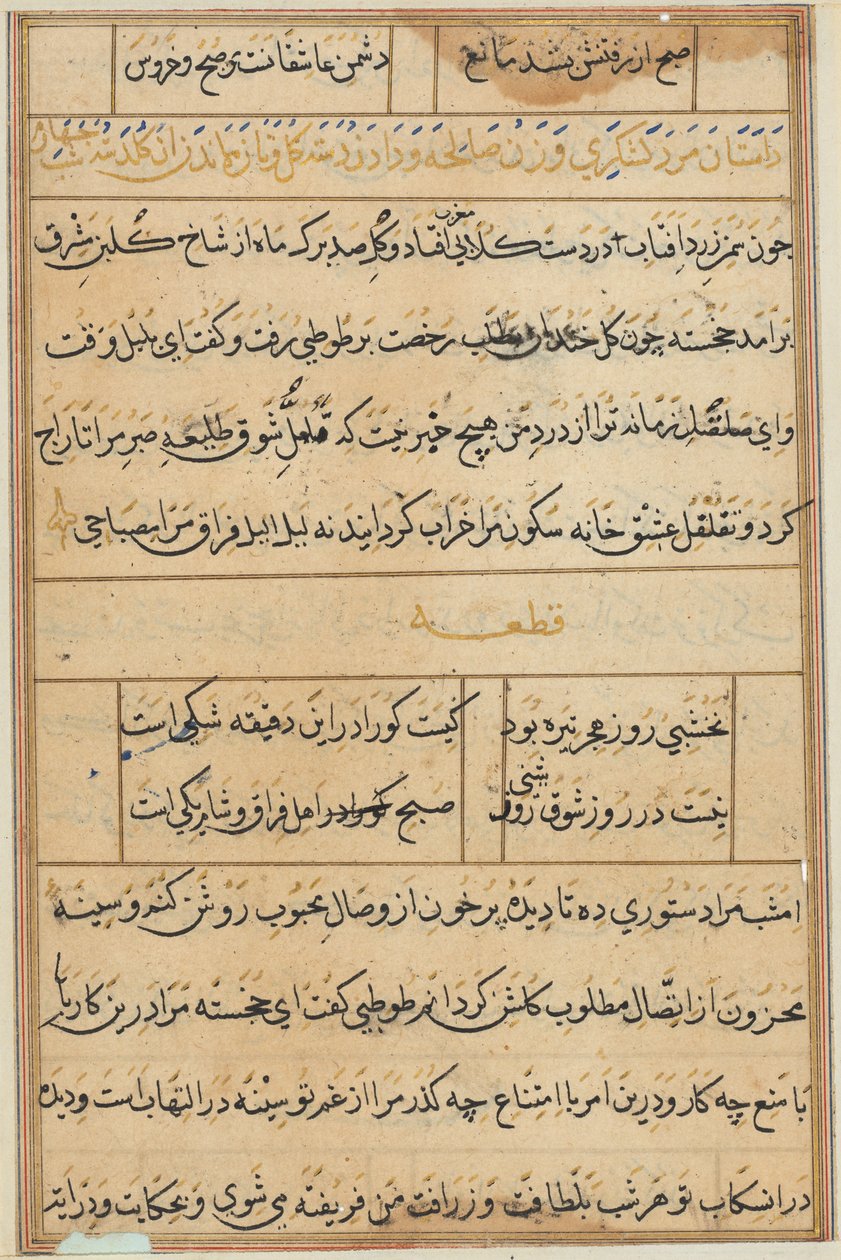 صفحة من حكايات ببغاء توتي ناما: صفحة نصية ، ج. 1560. بواسطة غير معروف
