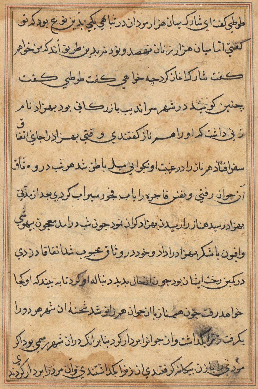 صفحة من حكايات ببغاء توتي ناما: صفحة نصية ، ج. 1560. بواسطة غير معروف