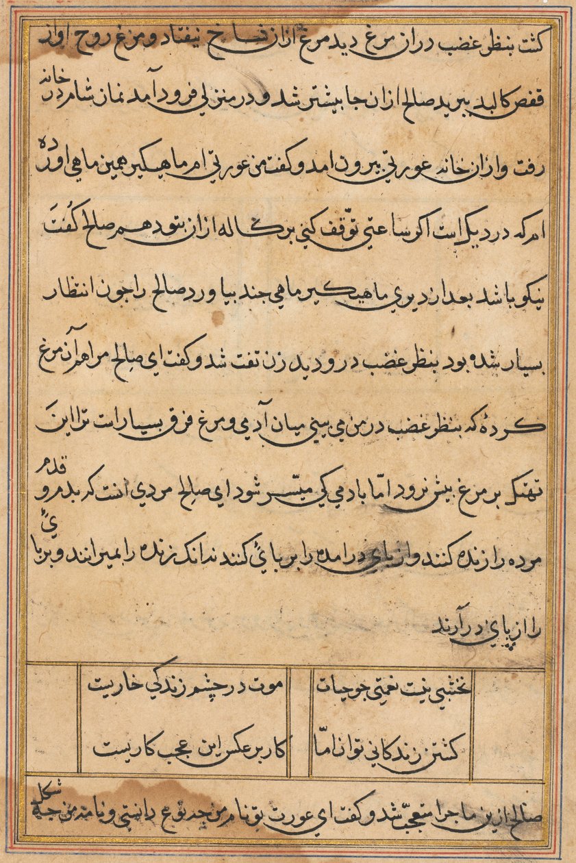 صفحة من حكايات ببغاء توتي ناما: صفحة نصية ، ج. 1560. بواسطة غير معروف