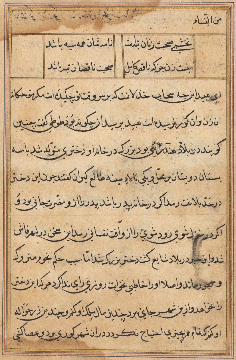 صفحة من حكايات ببغاء توتي ناما: صفحة نصية ، ج. 1560. بواسطة غير معروف
