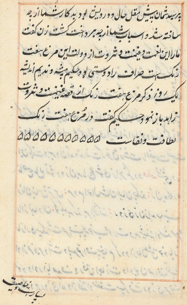 صفحة من حكايات ببغاء توتي ناما: صفحة نصية ، ج. 1560. بواسطة غير معروف