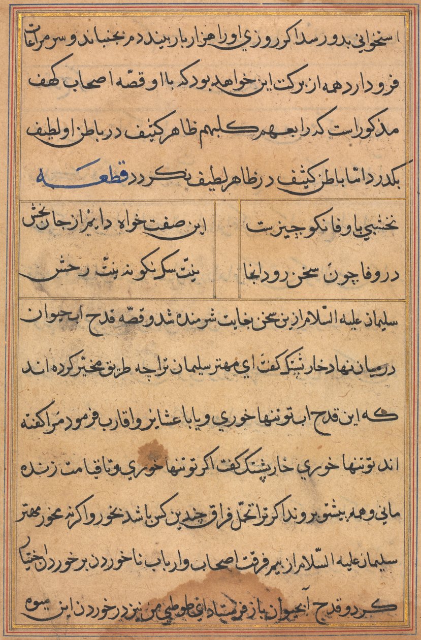 صفحة من حكايات ببغاء توتي ناما: صفحة نصية ، ج. 1560. بواسطة غير معروف