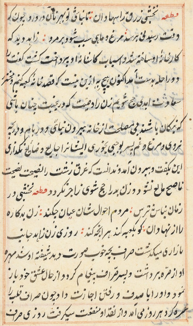 صفحة من حكايات ببغاء توتي ناما: صفحة نصية ، ج. 1560. بواسطة غير معروف