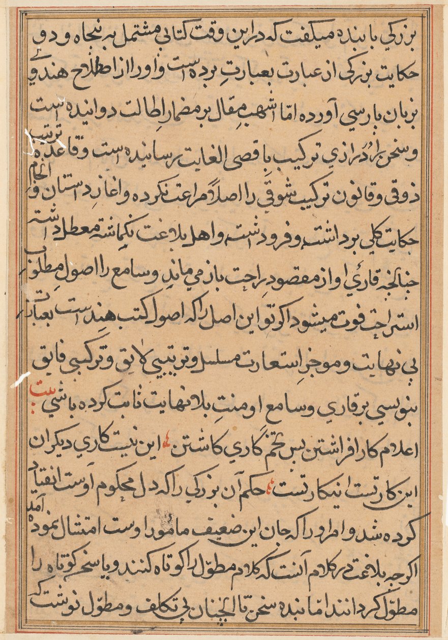 صفحة من حكايات ببغاء توتي ناما: صفحة نصية ، ج. 1560. بواسطة غير معروف