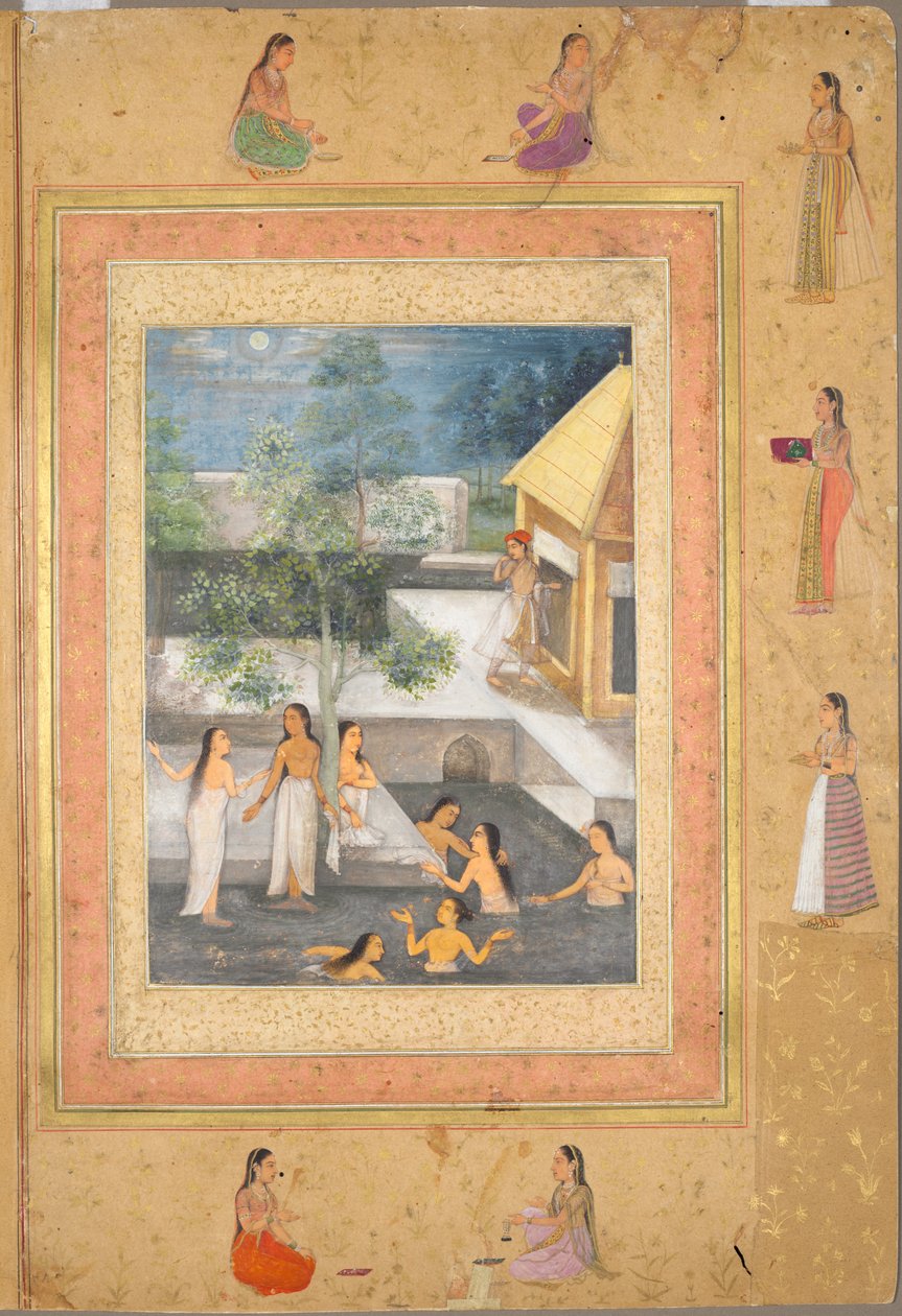 صفحة من ألبوم شاه جهان الراحل: Harem Night-Bathing Scene، c. 1653. بواسطة غير معروف