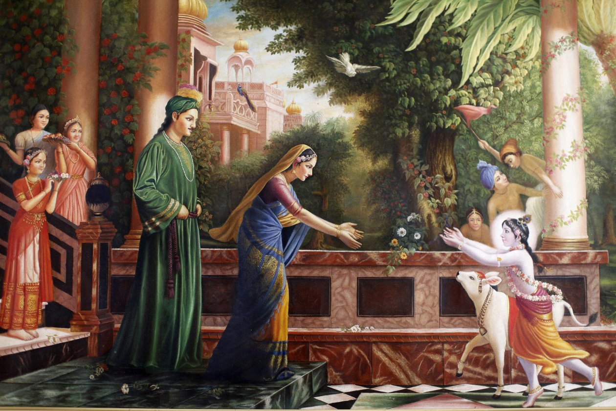 اللوحة في Bhaktivedanta Manor تصور الشاب كريشنا يركض إلى الأم ياسودا وناندا مهراج (والديه بالتبني) واتفورد غراندي بريتاني بواسطة غير معروف