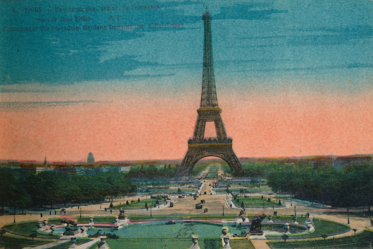 بانوراما Jardins du Trocadéro وبرج إيفل ، باريس ، c1920 بواسطة غير معروف