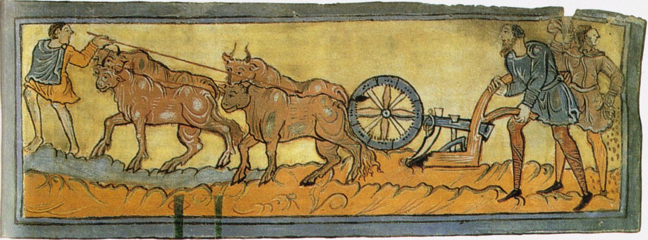 الفلاحون يحرثون مصغرون من القطن MS Tiberius ، القرن الحادي عشر بواسطة غير معروف