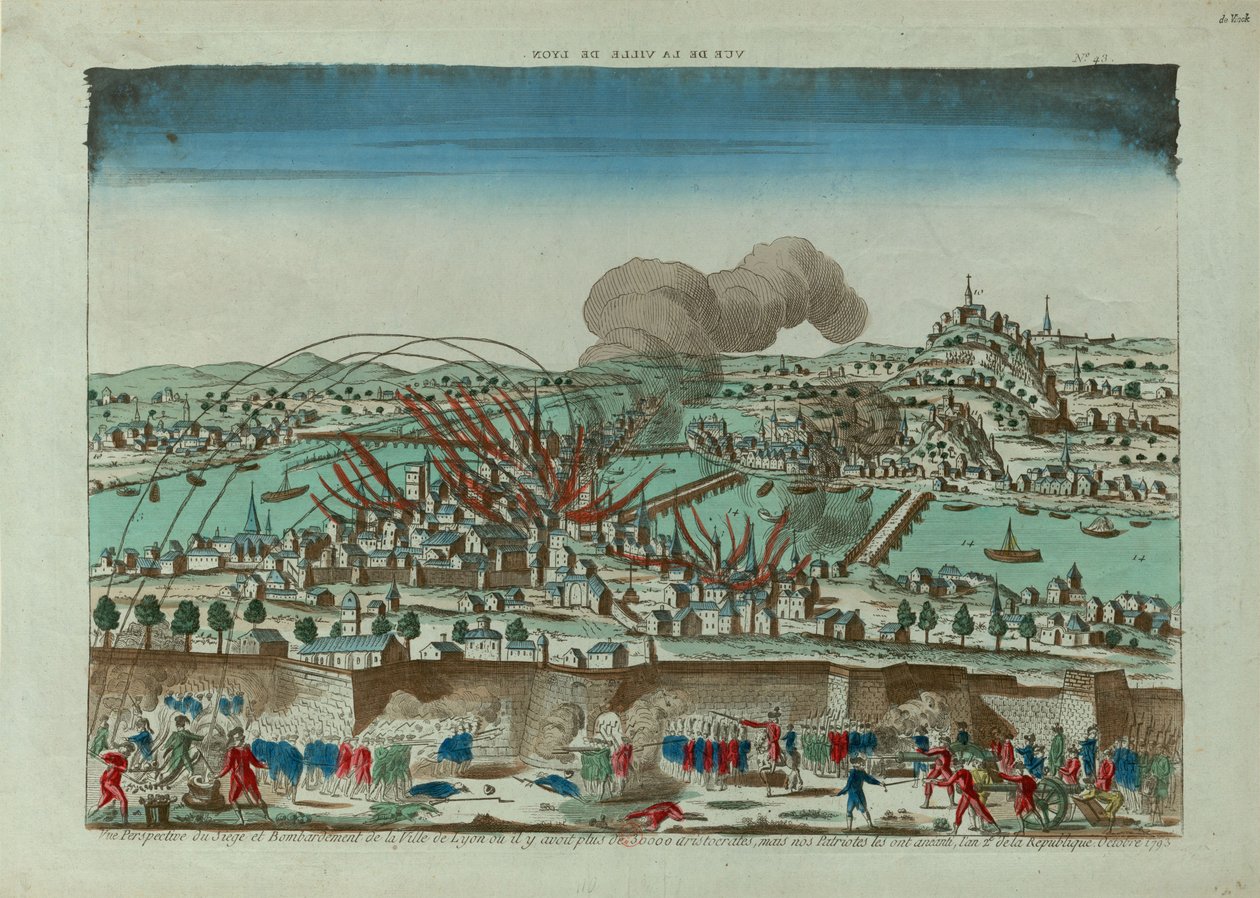 عرض منظور للحصار والقصف على مدينة ليون في أكتوبر 1793 ، ج. 1793. بواسطة غير معروف
