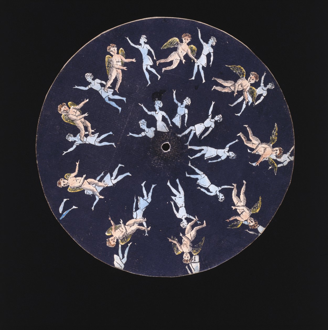 قرص Phenakistiscope (Phenakistoscope) يظهر صورة كيوبيد وفتاتين ، ج ١٨٣٠ بواسطة غير معروف