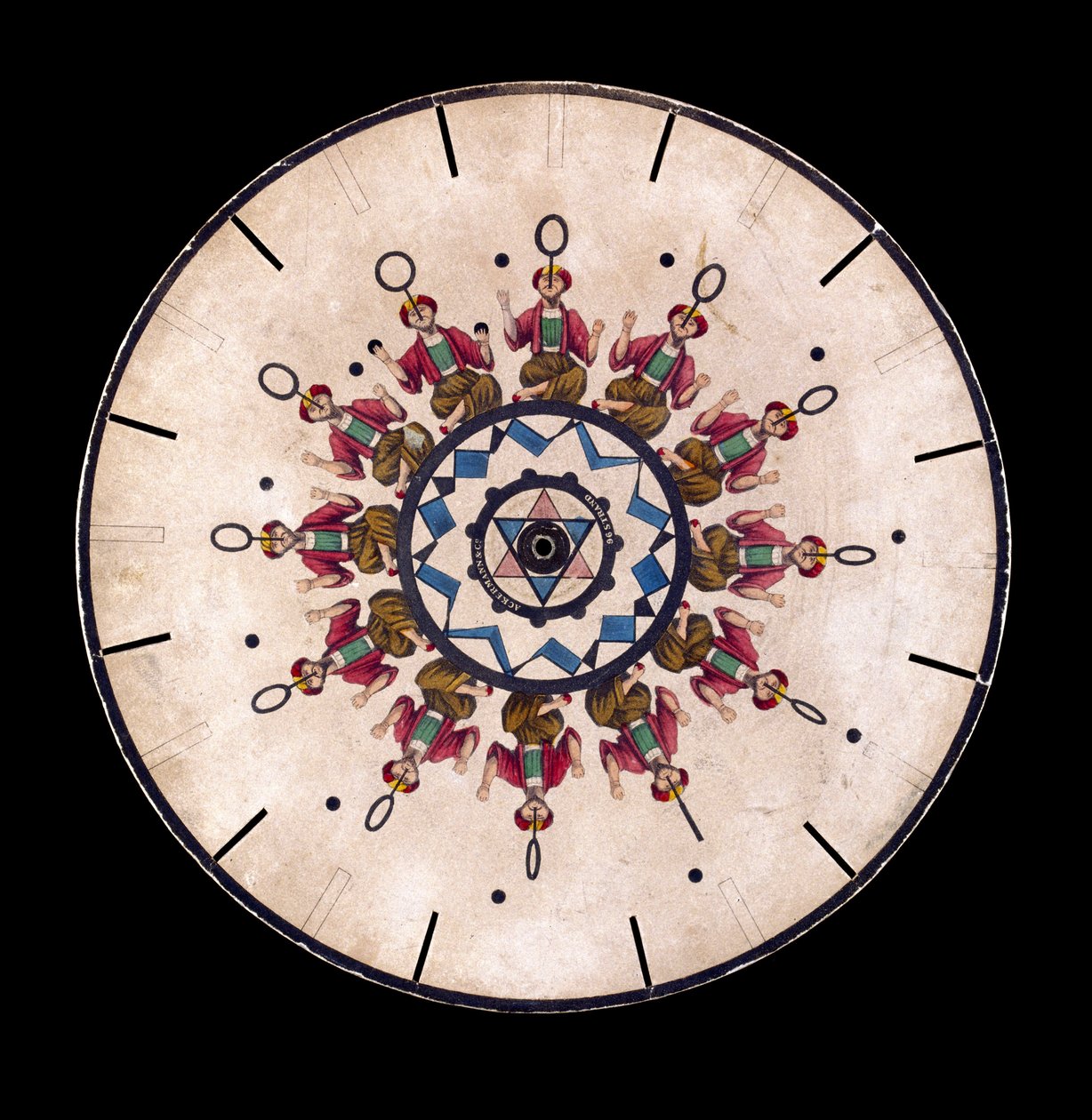 قرص Phenakistiscope (Phenakistoscope) يظهر المشعوذ ، عام 1830 بواسطة غير معروف