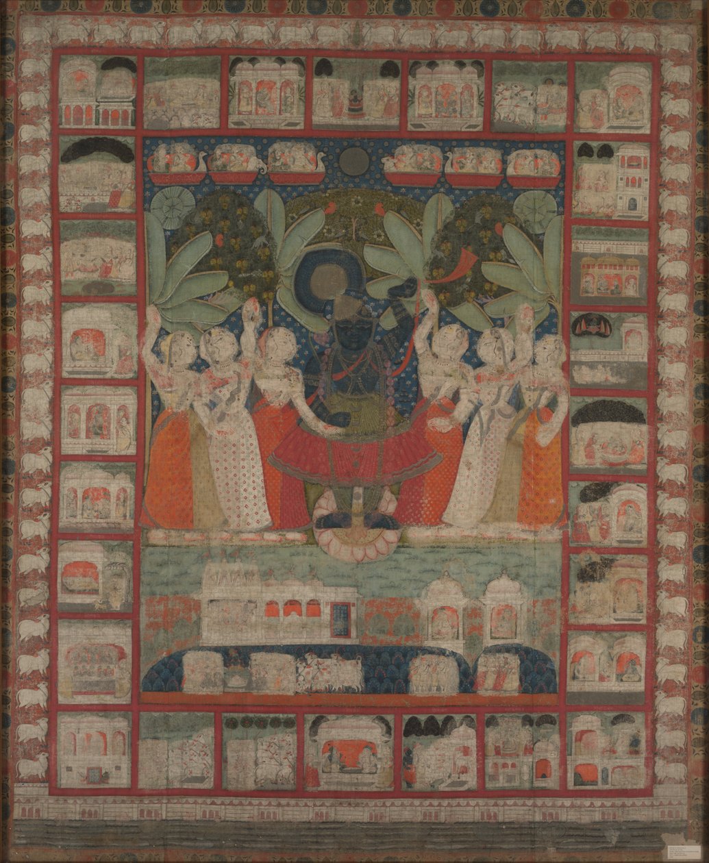 جدار Pichvai معلق مع عبادة Shri Nathaji ، 1825-1850. بواسطة غير معروف