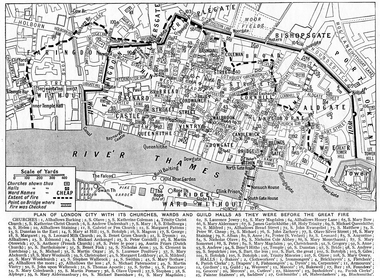 مخطط لمدينة لندن يوضح الكنائس والأجنحة وقاعات النقابات ، 1926-1927 بواسطة غير معروف