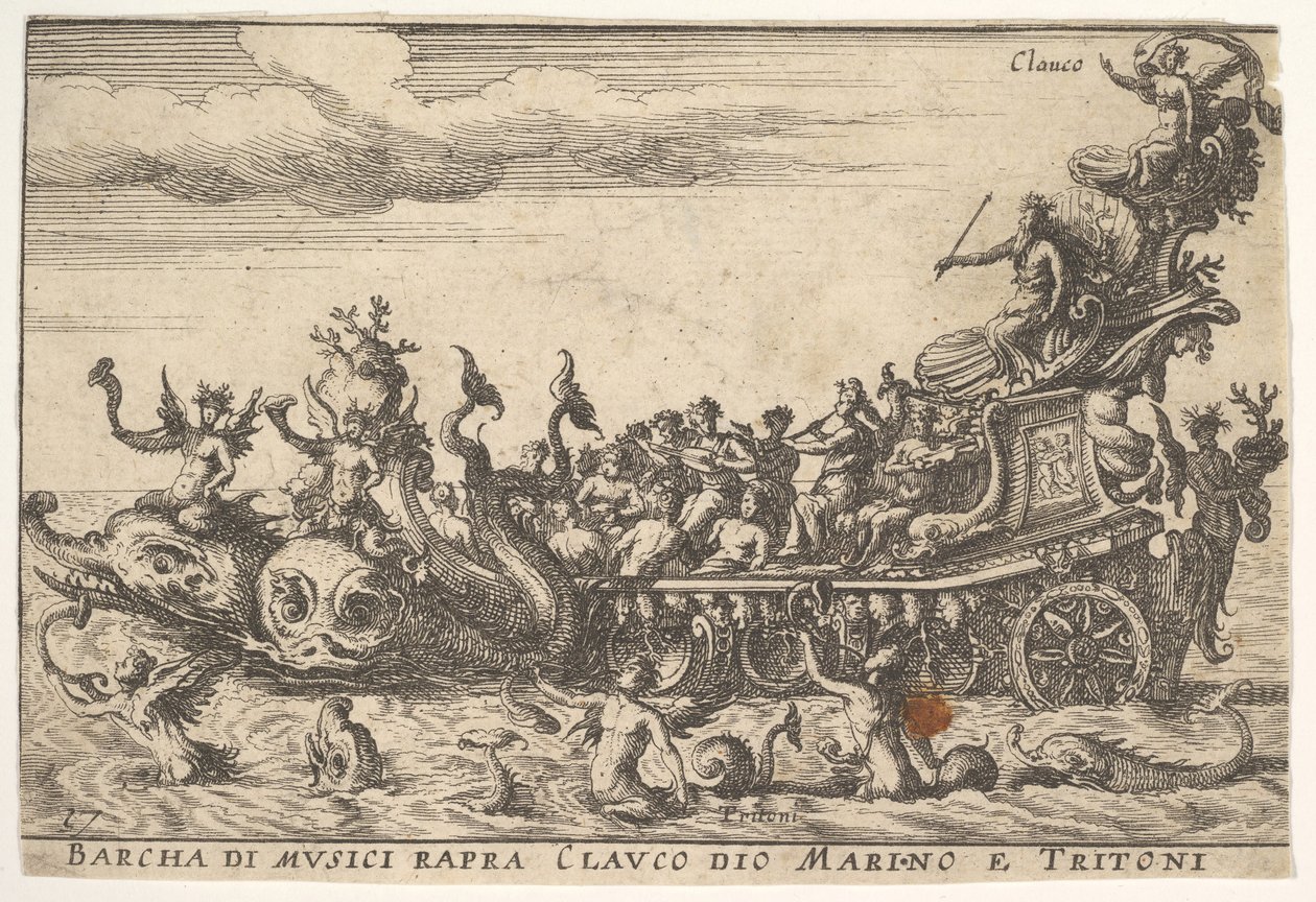 اللوحة 16: سفينة الموسيقيين مع إله البحر Claucus and tritons Barcha di musici rapra C ...، 1664. بواسطة غير معروف
