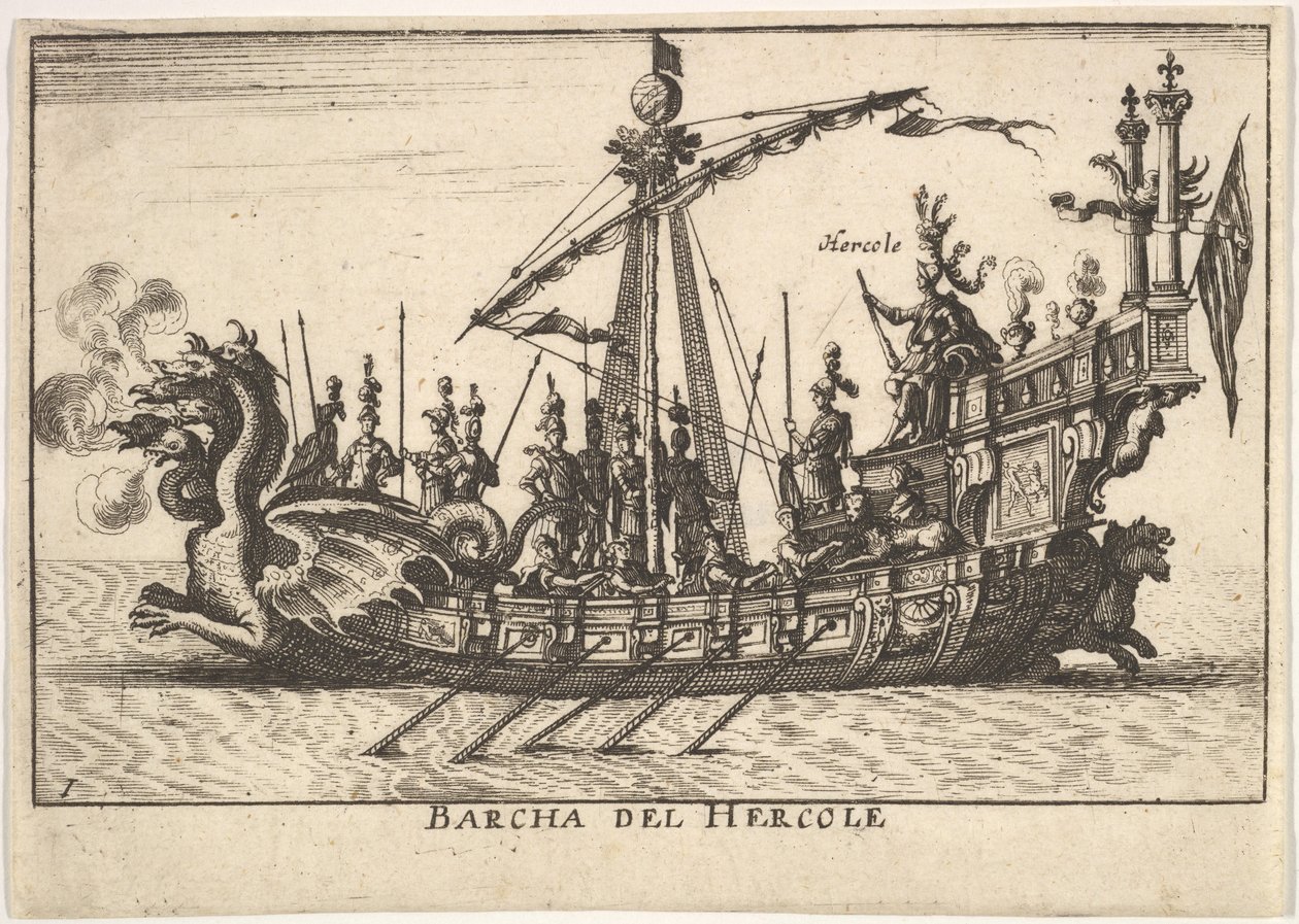 اللوحة 1: سفينة هرقل Barcha del Hercole ، مع مقدمة رأس التنين و Hercules على pl ... ، 1664. بواسطة غير معروف