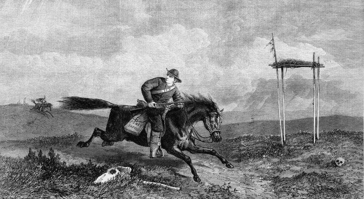 بوني إكسبرس متسابق يعبر دولة معادية يتبعها الأمريكيون الأصليون ، 1861 بواسطة غير معروف