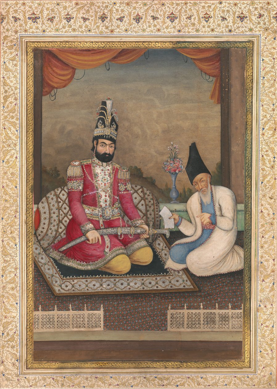 صورة لمحمد شاه قاجار ووزيره الحاج ميرزا أغاسي ، الربع الثاني من القرن التاسع عشر. بواسطة غير معروف