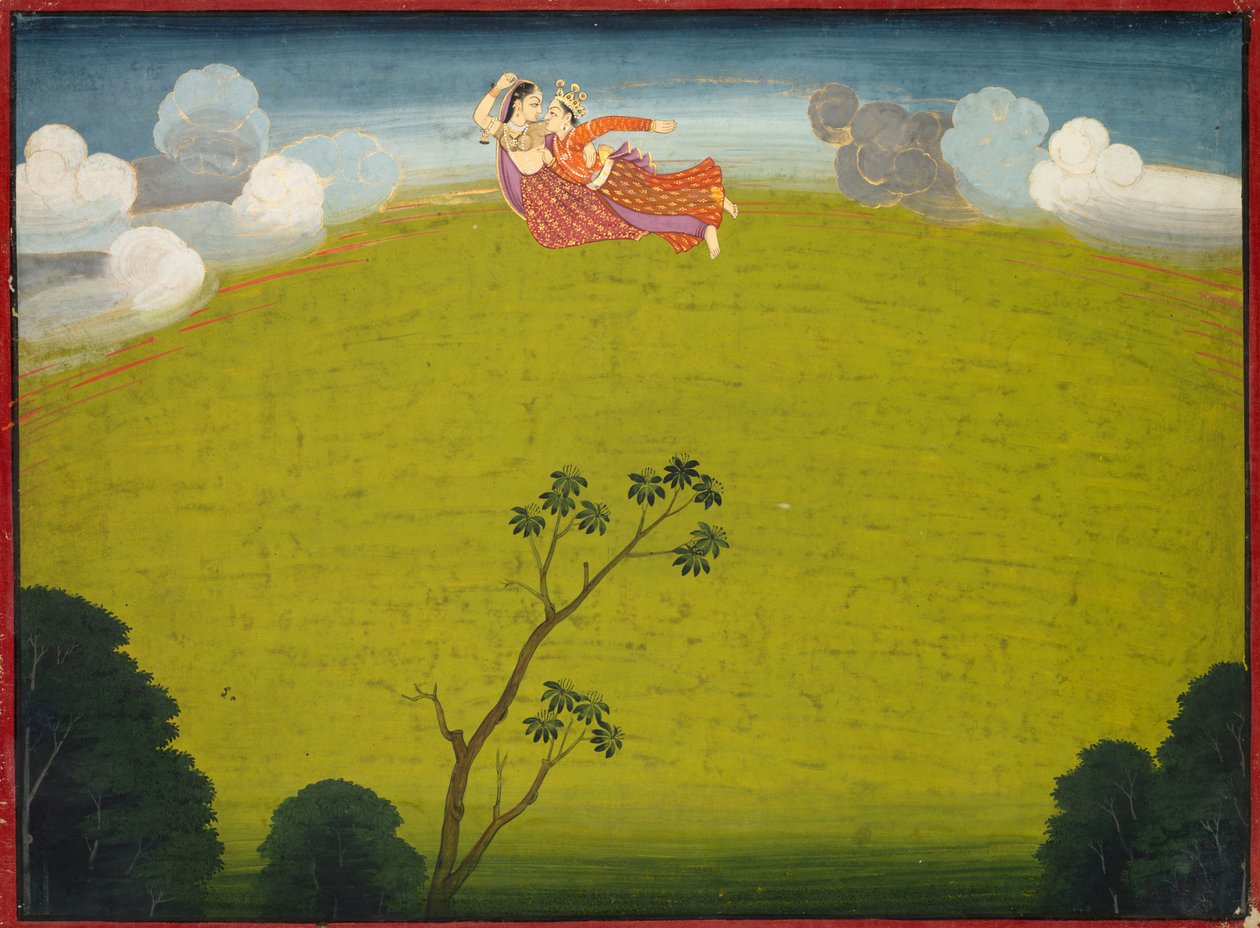 براديومنا ومايافاتي يطيران إلى Dvaraka ، من سفينة Basohli Bhagavata Purana الكبيرة ، ج. 1760-1765. بواسطة غير معروف