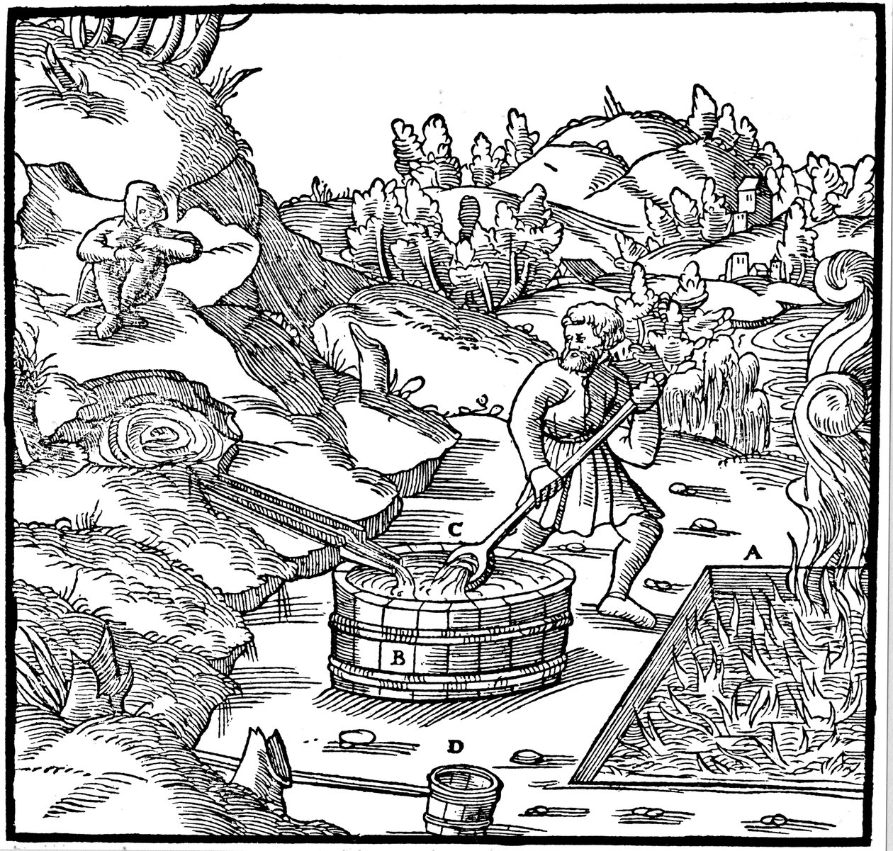 إنتاج الملح بتبخر المحلول الملحي الطبيعي بصبه في حفرة من حرق الفحم ، 1556 بواسطة غير معروف