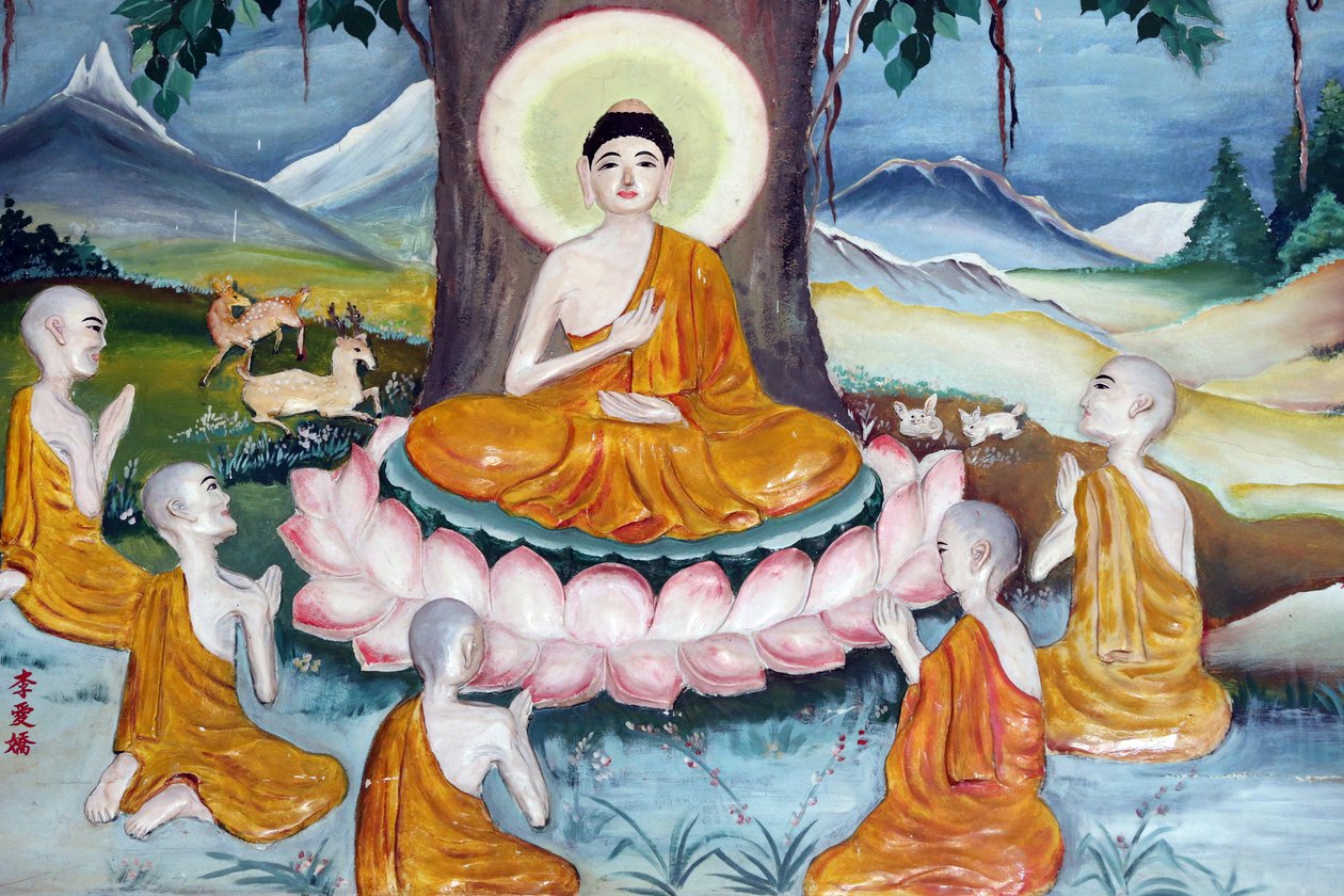 معبد Quan The Am Bo Tat (معبد Avalokitesvara Bodhisattva). شاكياموني بوذا يخطب في العظة - عجلة القانون - لتلاميذه الخمسة. فونج تاو. فيتنام بواسطة غير معروف