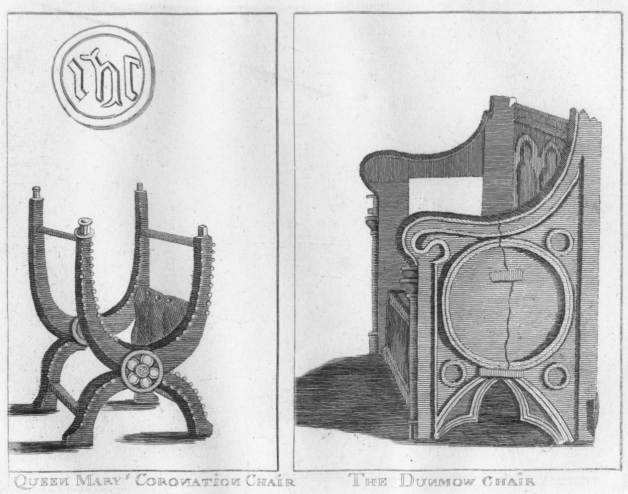 كرسي الملكة ماريز للتتويج ، وكرسي Dunmow ، c1790. بواسطة غير معروف
