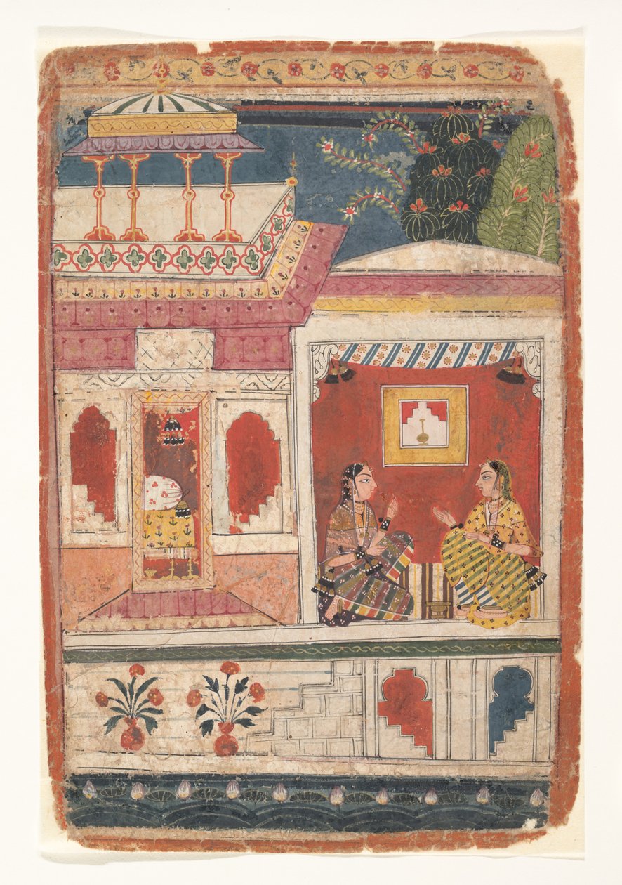 تجلس رادها وأحد المقربين لها في غرفة مفتوحة: صفحة من Rasikapriya المتفرقة ، كاليفورنيا. 1680-90. بواسطة غير معروف
