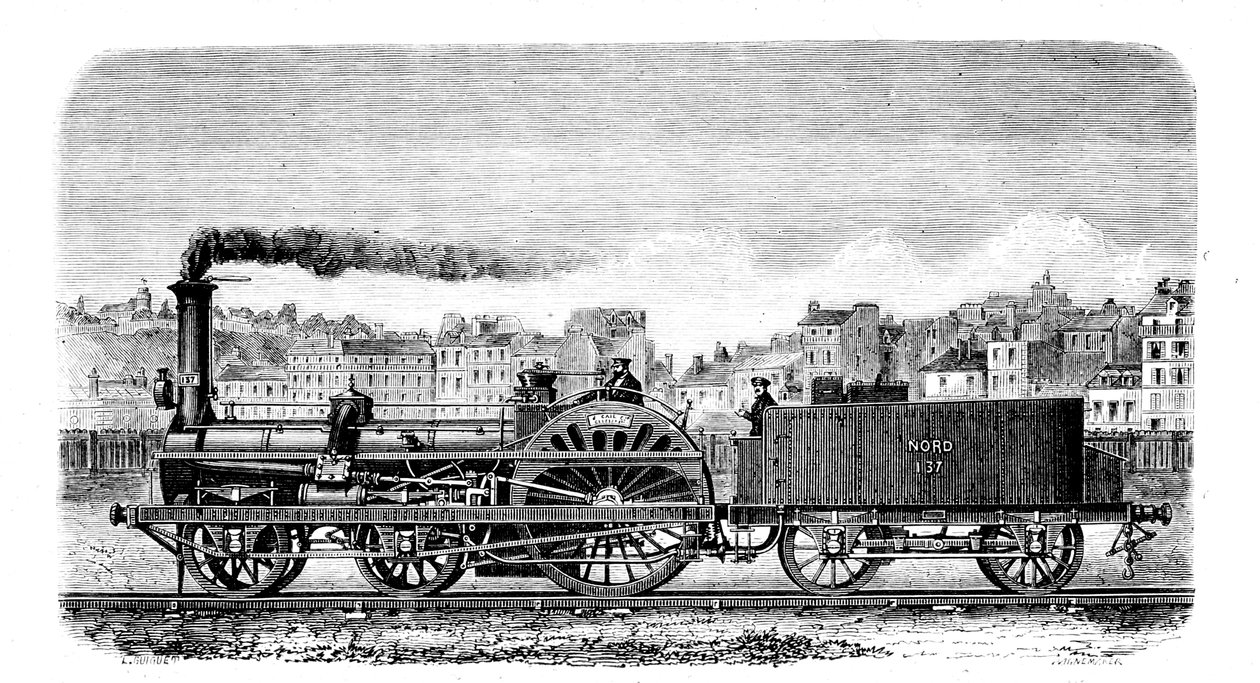 قاطرة بخارية للسكك الحديدية صممها المهندس الإنجليزي توماس راسل كرامبتون عام 1849 بواسطة غير معروف
