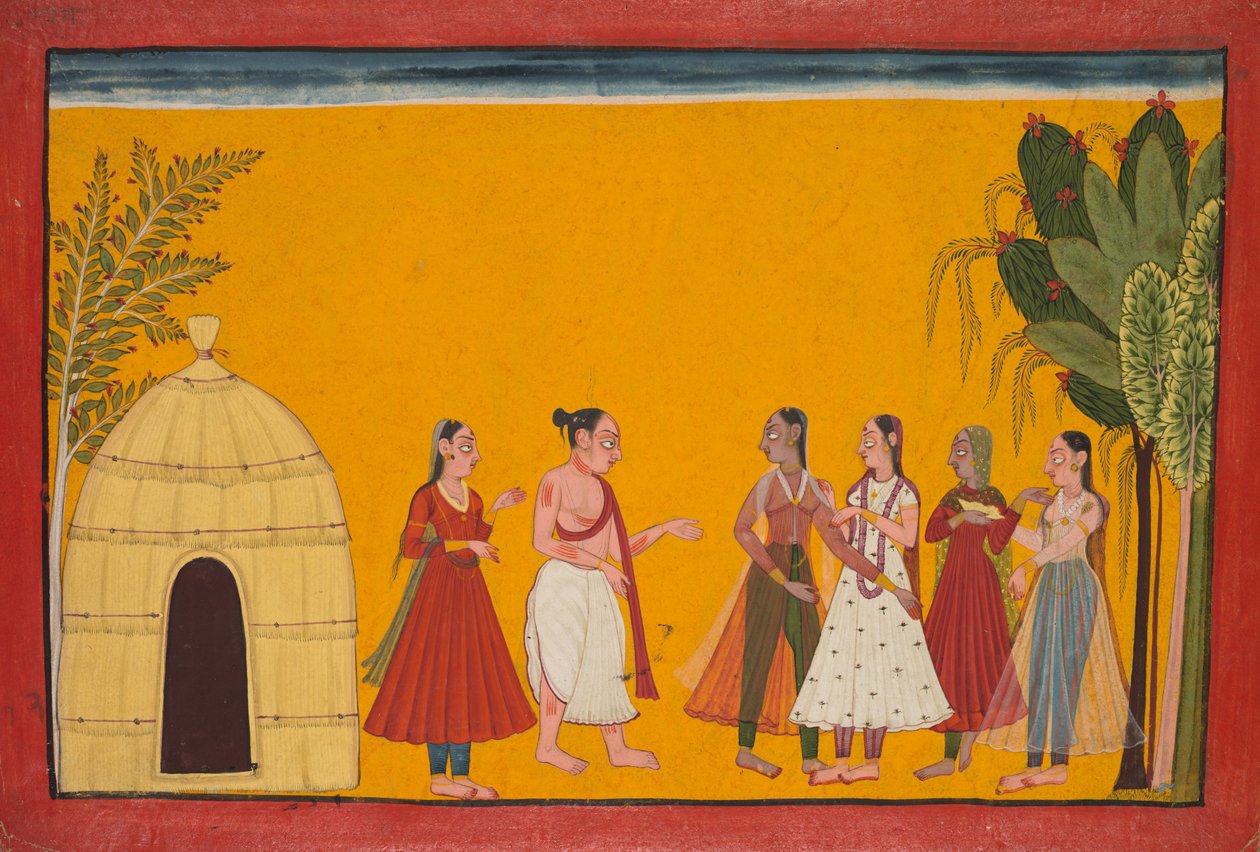 راما وسيتا يتم أخذهما إلى الكاهن لإصلاح موعد الزفاف ، صفحة من رامايانا ... ، c1700-17 بواسطة غير معروف