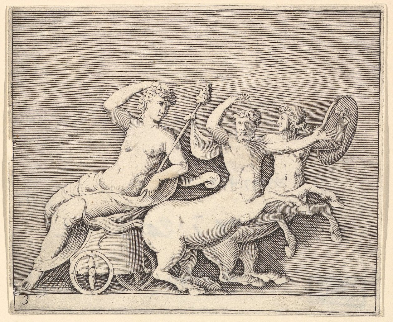 مستلق الشكل الأنثوي على عربة رسمها اثنان سنتورس ، تم نشره في كاليفورنيا. 1599-1622. بواسطة غير معروف