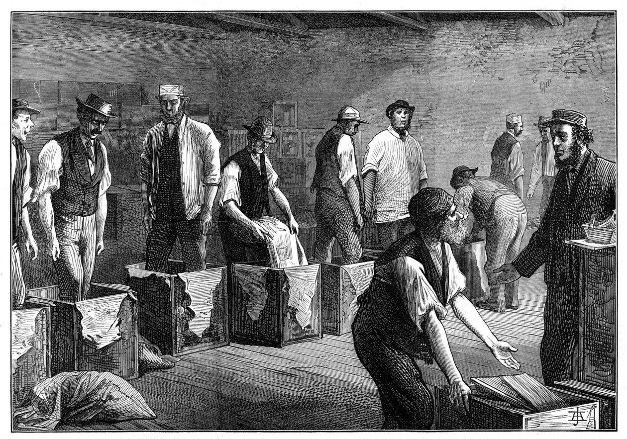 إعادة تعبئة الصناديق في مستودع شاي ، 1874 بواسطة غير معروف